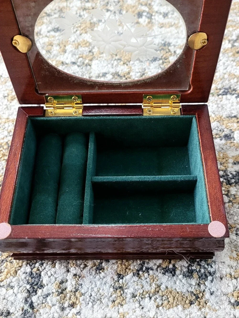 Wood Jewelry Box with Etched Glass Floral Top - Cherry Finish